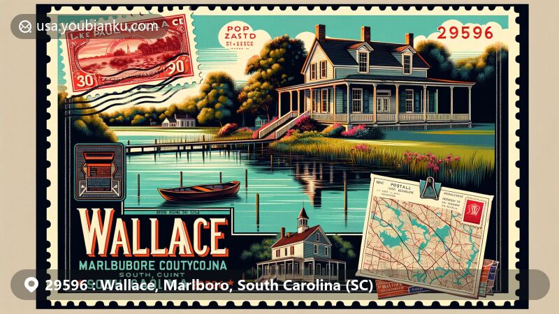 Vintage-style illustration of Wallace, Marlboro County, South Carolina, featuring Lake Paul Wallace, Pegues Place, and postal elements with ZIP code 29596.