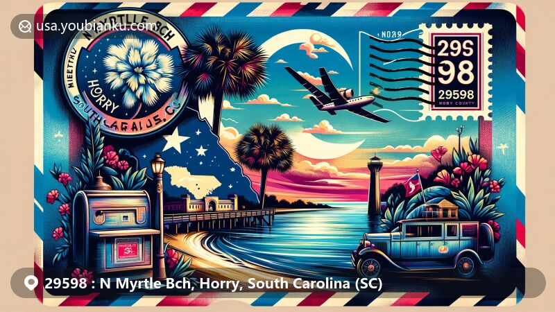 Modern illustration of N Myrtle Bch, Horry, South Carolina (SC), with ZIP code 29598, combining state flag elements and Horry County map, showcasing Cherry Grove Pier and Atalaya Castle.