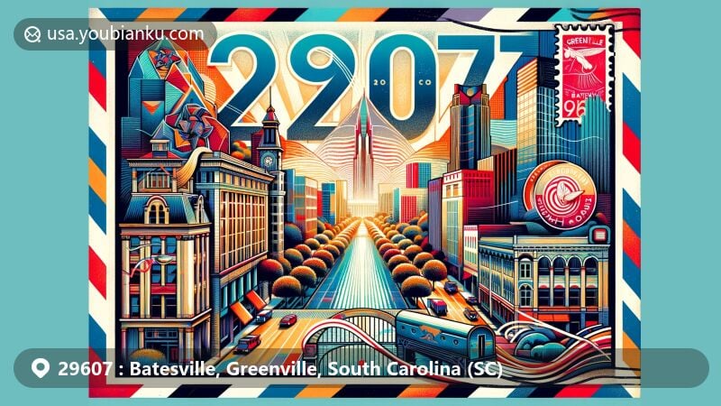 Creative depiction of ZIP Code 29607 in Batesville, Greenville, South Carolina, featuring iconic landmarks, cultural symbols, and natural beauty of the area in a vibrant and modern style.