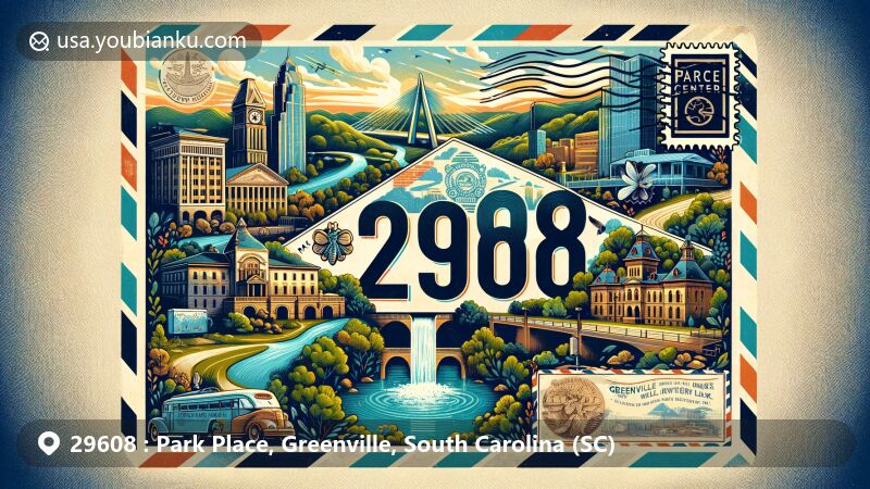 Modern illustration of Park Place, Greenville, South Carolina, with a postal envelope featuring ZIP code 29608, showcasing Liberty Bridge, Reedy River Falls, Paris Mountain State Park, Poinsett Hotel, Peace Center, and Greenville's natural beauty.