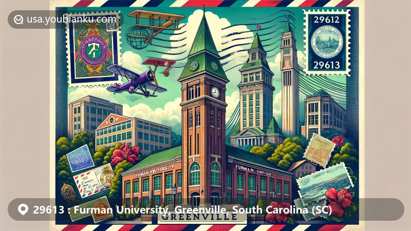Vibrant illustration of Greenville, South Carolina, showcasing iconic landmarks including Furman University Bell Tower, Liberty Bridge, and Westin Poinsett Hotel, with a modern airmail envelope background.