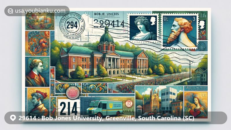 Creative illustration of ZIP code 29614, featuring Bob Jones University in Greenville, South Carolina, with campus views and European Old Master paintings, designed in a modern postcard style.