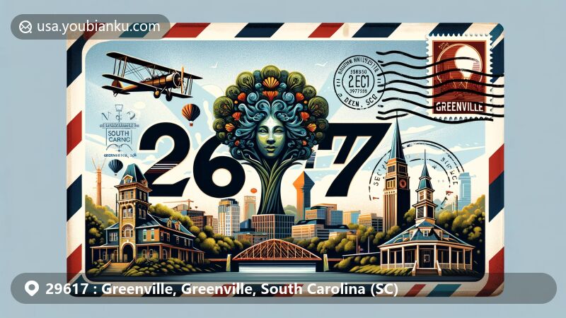 Vintage-style illustration representing ZIP code 29617 in Greenville, South Carolina, featuring iconic landmarks like Liberty Bridge and Medusa Tree, capturing the essence of the city's culture and history.