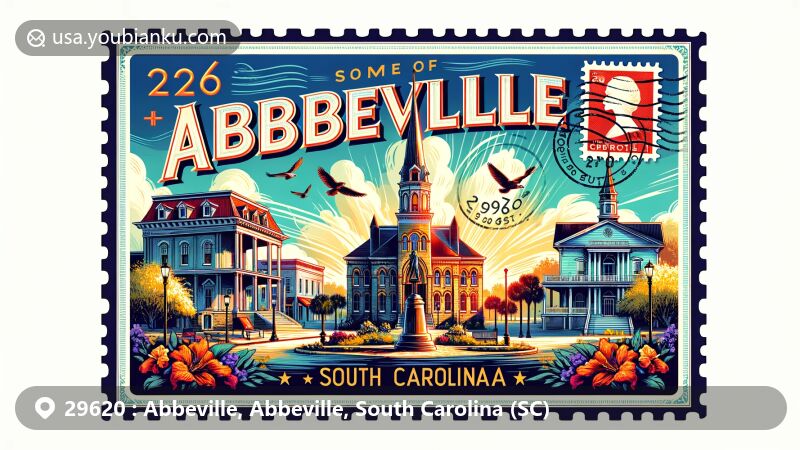 Artistic representation of Abbeville, South Carolina, with postal theme highlighting ZIP code 29620, featuring Court Square, Burt-Stark Mansion, and Trinity Episcopal Church.