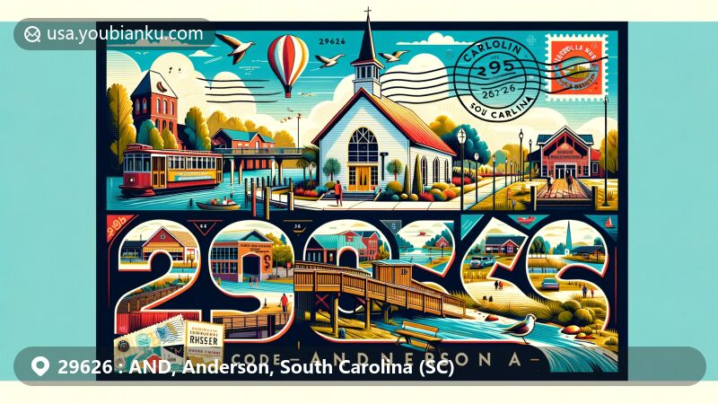 Modern illustration of Anderson, South Carolina, featuring NewSpring Church, Rocky River Nature Park, and Carolina Bauernhaus Brewery and Winery, capturing the charm and character of the city with postal themes and vibrant design.