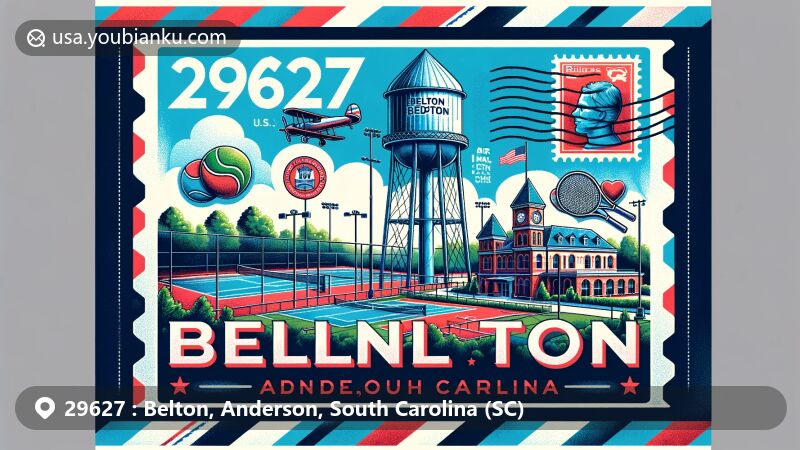 Modern illustration of Belton, Anderson County, South Carolina, showcasing postal theme with ZIP code 29627, featuring the Belton Standpipe, historic Belton Depot, and tennis courts, highlighting the town's landmarks and cultural significance.