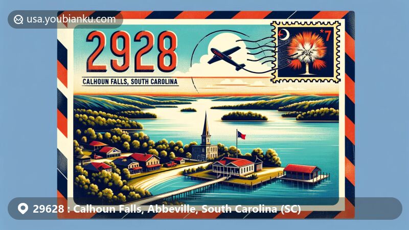 Modern illustration of Calhoun Falls, Abbeville, South Carolina, featuring vintage airmail envelope showcasing Lake Russell and Abbeville Opera House. Includes South Carolina state flag and custom postage stamp with ZIP code 29628.