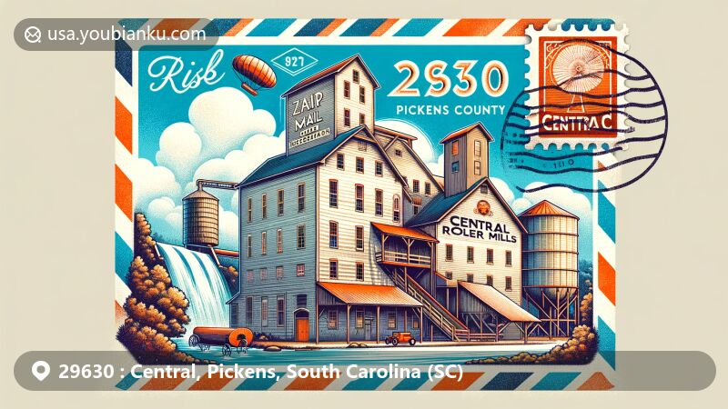 Modern illustration of Central, Pickens County, South Carolina, showcasing postal theme with ZIP code 29630, featuring Central Roller Mills and Issaqueena Falls, blending historical charm with a modern graphic style.