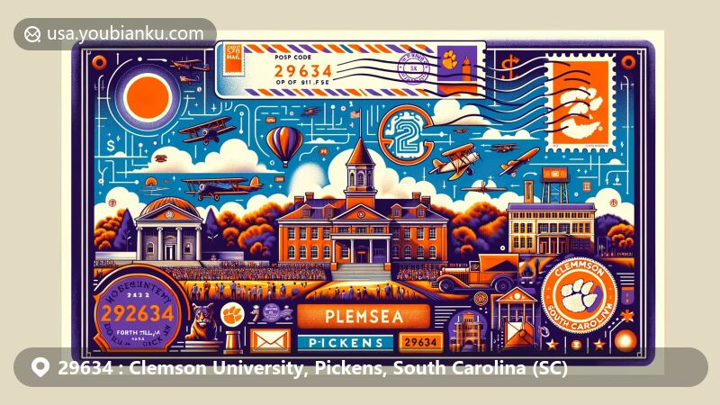 Contemporary illustration of Clemson University, Pickens, South Carolina, highlighting Fort Hill mansion, Tillman Hall's clock tower, Memorial Stadium, and postal theme with ZIP code 29634.