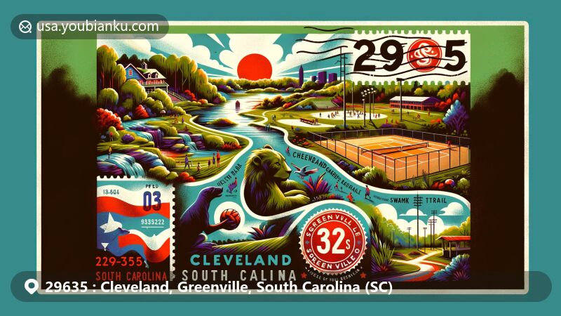 Modern illustration of Cleveland, Greenville, South Carolina, ZIP code 29635, showcasing Cleveland Park with recreational amenities, Swamp Rabbit Trail, Greenville Zoo, and postal elements like postcard border, postage stamp, and postmark.