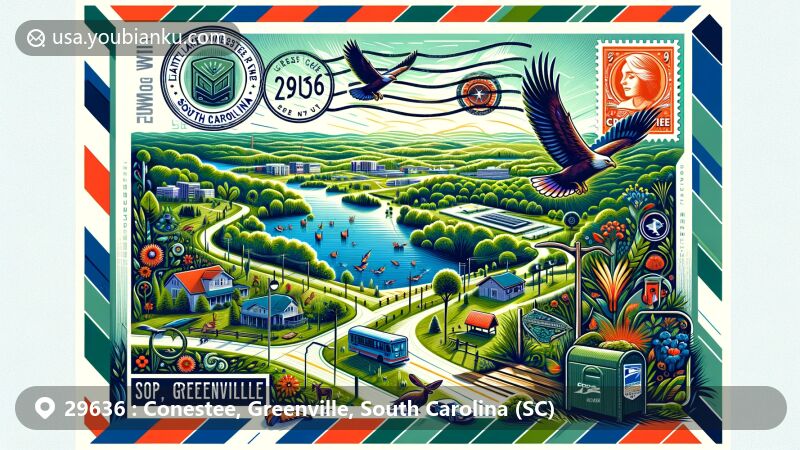 Modern illustration of Conestee, Greenville County, South Carolina, featuring a stylized airmail envelope with postal elements and key landmarks like Lake Conestee Nature Park.