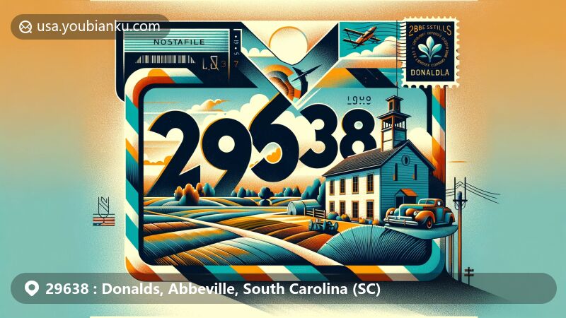 Modern illustration of Donalds, Abbeville, South Carolina, featuring imaginative mail concept with ZIP code 29638, showcasing Donalds Grange No. 497 and agricultural elements.