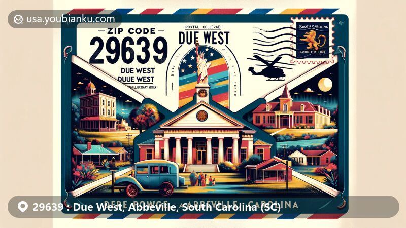 Unique illustration of Due West, Abbeville, South Carolina, showcasing vintage airmail envelope with ZIP code 29639, featuring Erskine College-Due West Historic District, Treaty of Dewitt's Corner, The Young Place farmhouse, Trinity Episcopal Church, and South Carolina state flag.