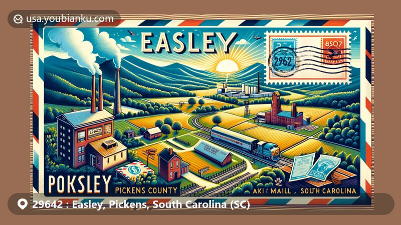 Modern illustration of Easley, Pickens County, South Carolina, inspired by a postcard theme with Doodle Trail, Blue Ridge Mountains, textile mill, and train, featuring vintage postage stamp and mailbox design.