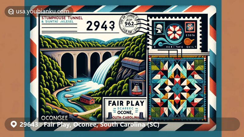 Vintage airmail envelope with ZIP code 29643 for Fair Play, Oconee, South Carolina, featuring Stumphouse Tunnel, Issaqueena Falls, and Upstate Heritage Quilt Trail quilt pattern, accented by South Carolina state flag postage stamp.