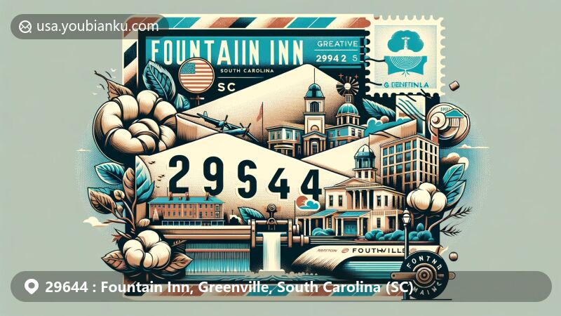 Vintage-style air mail envelope representing ZIP Code 29644 for Fountain Inn, Greenville County, South Carolina, featuring key landmarks, like Fountain Inn Museum, and cultural symbols, like cotton plant and textile mill.