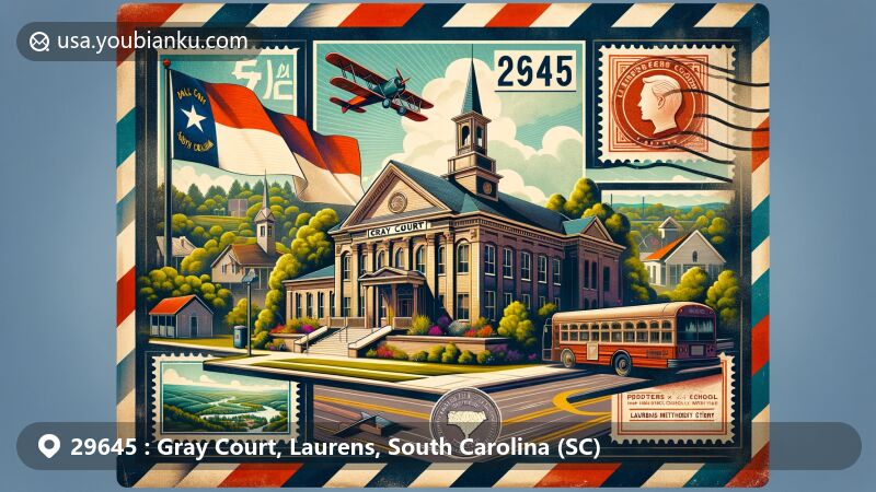 Modern illustration of Gray Court, Laurens County, South Carolina, featuring key landmarks like Gray Court-Owings School and Dials Methodist Church, surrounded by lush landscapes and state symbols, with a focus on postal theme and ZIP code 29645.