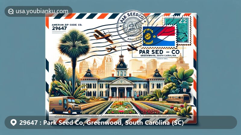 Modern illustration of Park Seed Co in Greenwood, South Carolina, highlighting postal theme with airmail envelope design and ZIP code 29647, featuring headquarters, cityscape stamp, postmark, and seeds.