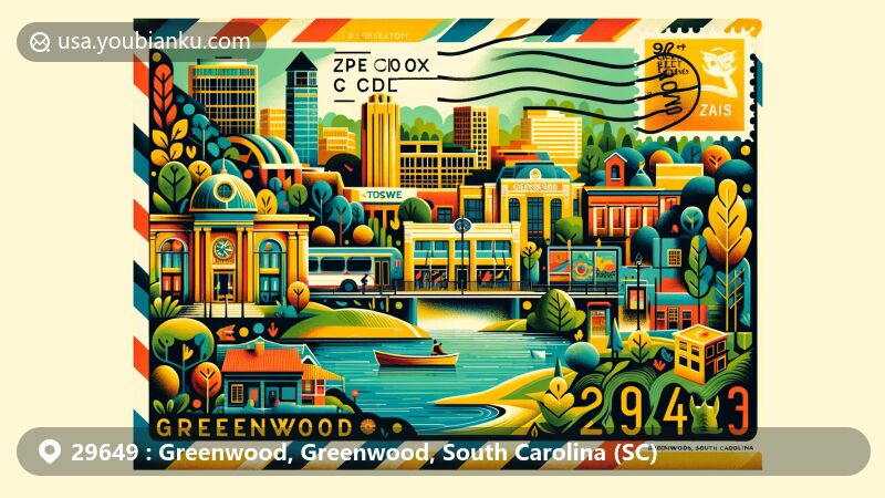 Modern illustration of ZIP code 29649 in Greenwood, South Carolina, featuring vibrant postcard design showcasing key landmarks like Uptown Greenwood's cultural district and Lake Greenwood State Park.