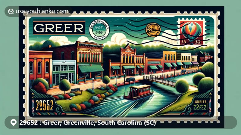 Modern illustration of Greer, Greenville County, South Carolina, highlighting iconic landmarks including Greer Downtown Historic District and Lake Cunningham, showcasing postal elements with a stamp and postmark.