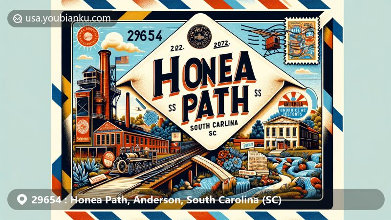 Modern illustration of Honea Path, Anderson County, South Carolina, featuring vintage airmail envelope with ZIP code 29654, showcasing Chiquola textile mill, labor rights memorial, and local landmarks.
