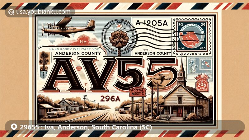 Vintage-style illustration of Iva, Anderson County, South Carolina, resembling an airmail envelope with zip code 29655, showcasing local charm and cultural significance.