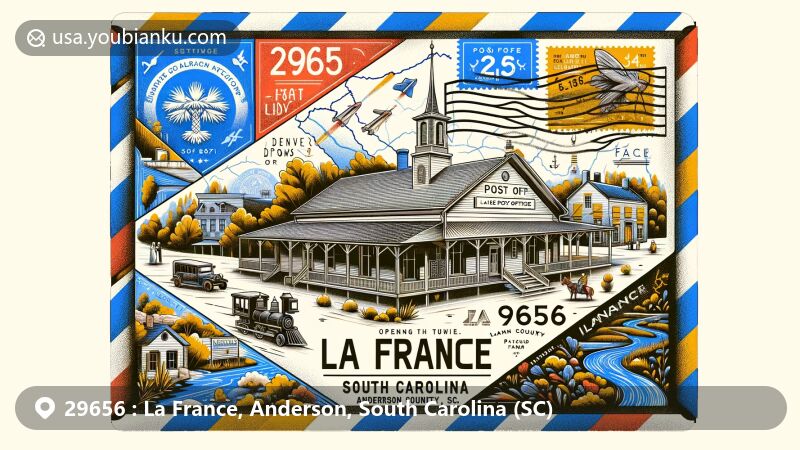 Modern illustration of La France, Anderson County, South Carolina, resembling an airmail envelope with ZIP code 29656, showcasing La France post office and local landmarks like Denver Downs Farm and Woodburn Plantation.