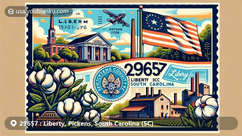 Vintage-style illustration of Liberty, Pickens County, South Carolina, showcasing postal code 29657, featuring Veterans Service Station, historic marker, textile mills, and South Carolina state flag.