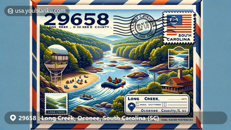 Modern illustration of Long Creek, Oconee County, South Carolina, highlighting ZIP code 29658 and Chattooga River's white-water rafting experience amidst Sumter National Forest and Appalachian Mountains.