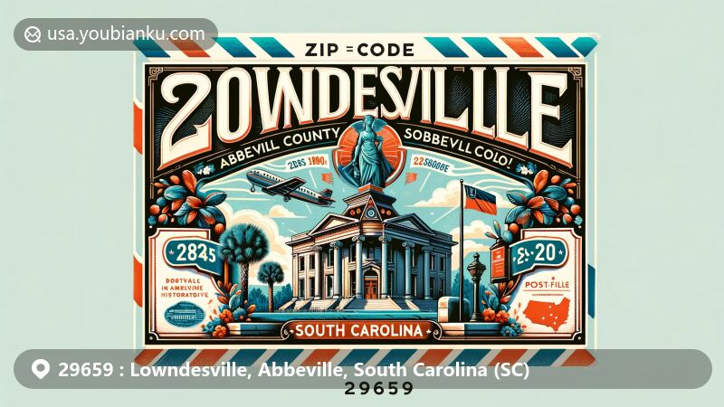 Modern illustration of Lowndesville, Abbeville County, South Carolina, featuring ZIP code 29659, showcasing historic Lowndesville Bank and Historical Marker, with elements of South Carolina culture and nature.