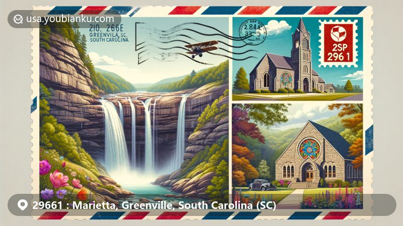 Modern illustration of Marietta, Greenville, South Carolina, featuring ZIP code 29661, with vintage postcard design showcasing Jones Gap State Park and Rainbow Falls, and historic Old Gap Creek Baptist Church.