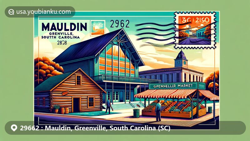 Modern illustration of ZIP code 29662 area in Mauldin, featuring the Cultural Center, historic Gosnell Cabin, and local open-air market.