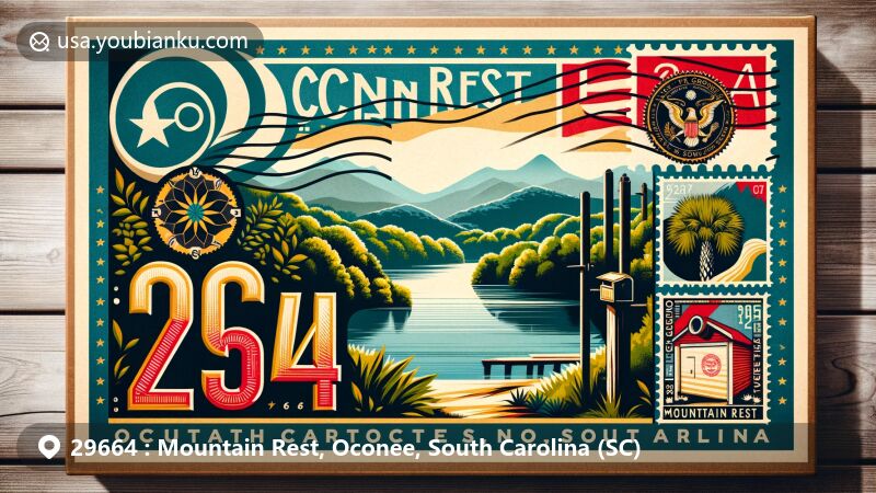 Modern illustration of Mountain Rest, Oconee County, South Carolina, featuring ZIP code 29664, showcasing Oconee State Park and the South Carolina state flag.