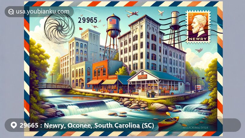 Modern illustration of Newry, Oconee, South Carolina, showcasing ZIP Code 29665 area, featuring historic Newry Mill, refurbished general store, post office, Little River with kayak, postmark, South Carolina state flag stamp, and vibrant postal theme.