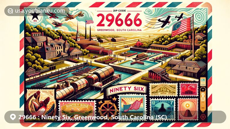 Artistic representation of Ninety Six, Greenwood, South Carolina, featuring ZIP code 29666 as an air mail envelope with Ninety Six National Historic Site and vintage-style South Carolina stamps.