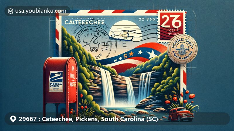 Modern illustration of Cateechee, Pickens County, South Carolina, featuring a vibrant airmail envelope with a South Carolina flag stamp, highlighting Issaqueena Falls as a local landmark in a serene setting with lush greenery.
