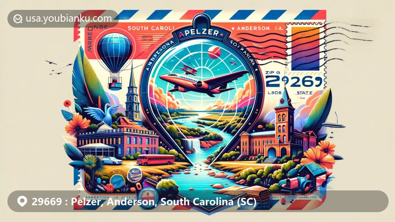 Modern illustration of Pelzer, Anderson County, South Carolina, featuring postal theme with ZIP code 29669, showcasing vintage air mail envelope and Saluda River scenery.