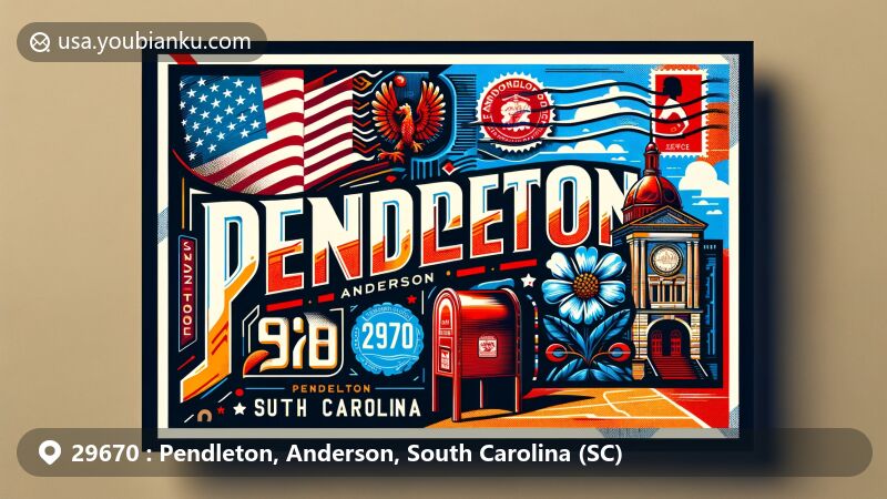 Modern illustration of Pendleton, Anderson, South Carolina, showcasing ZIP code 29670, with stylized postcard and air mail envelope featuring town's charm and classic postal elements.