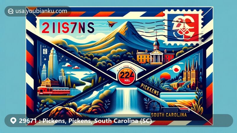 Modern illustration of ZIP code 29671, Pickens, South Carolina, showcasing Table Rock State Park, Glassy Mountain, Hanover House, and Twin Falls in a vibrant contemporary style.