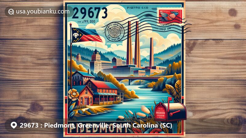Vintage-style illustration of Piedmont, Greenville, South Carolina, capturing rich history and natural beauty with iconic landmarks like Saluda River and Piedmont Mill towers.