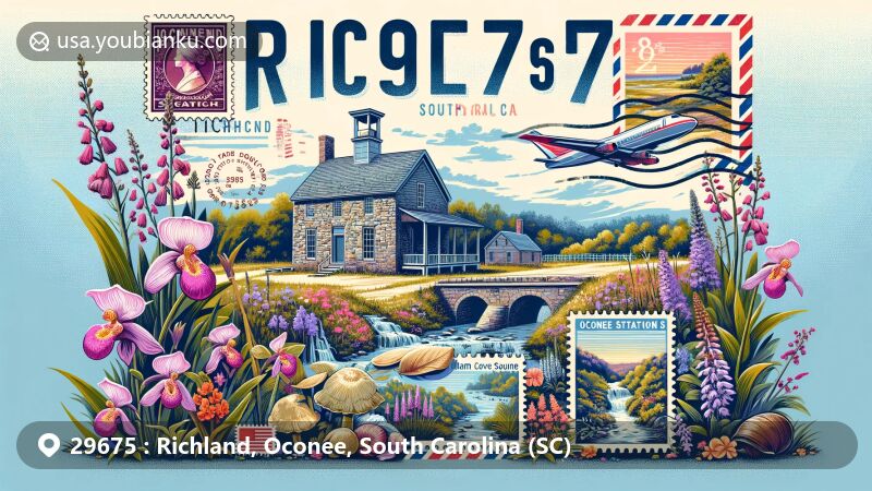 Modern illustration of ZIP code 29675 in Richland and Oconee County, South Carolina, featuring a postal theme with airmail envelope, postage stamps, postmark, and the displayed ZIP code. Includes Oconee Station State Historic Site, Station Cove Falls, and pink lady's slipper orchids.