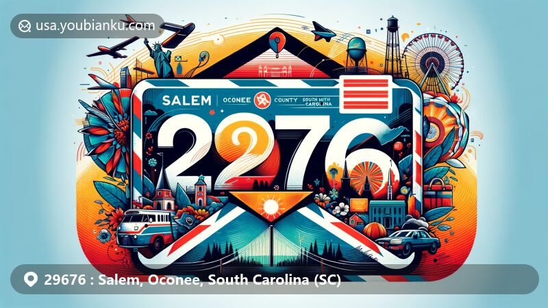 Modern illustration of Salem, Oconee County, South Carolina, highlighting ZIP code 29676 with creative elements, including state flag, local landmark silhouette, and symbols of cultural and natural heritage.