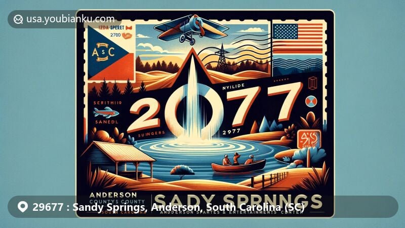 Modern illustration of Sandy Springs, Anderson County, South Carolina, featuring a vintage airmail envelope with ZIP code 29677, showcasing town symbols and Lake Hartwell.