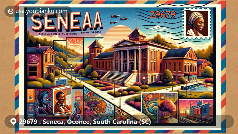 Modern illustration of Seneca, Oconee County, South Carolina, highlighting ZIP code 29679, featuring Bertha Lee Strickland Cultural Museum, South Cove County Park, Blue Ridge Arts Center, and vibrant local art scene.