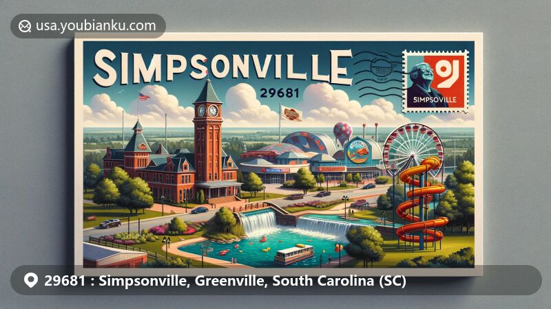 Modern illustration of Simpsonville, South Carolina, featuring iconic clock tower, CCNB Amphitheatre, Discovery Island Waterpark, and lush green parks like City Park, showcasing city's charm, culture, and natural beauty in ZIP code 29681.