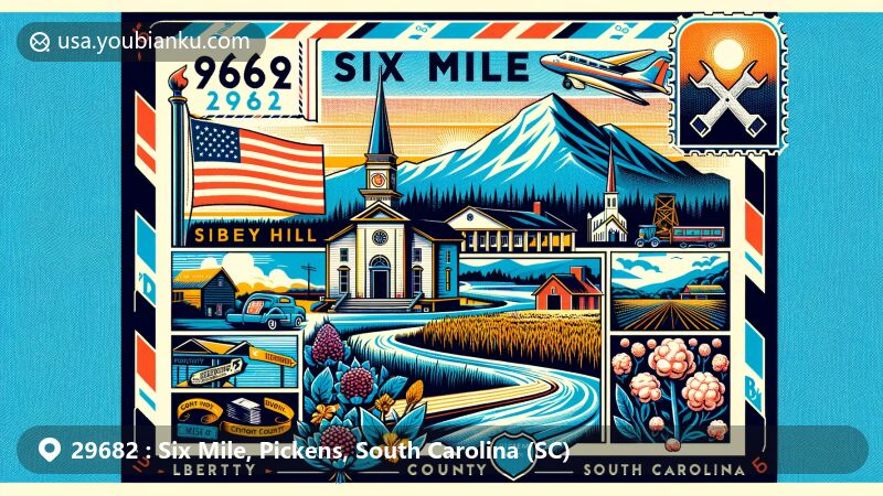 Modern illustration of Six Mile, Pickens County, South Carolina, depicted as a vintage postcard or airmail envelope, showcasing local landmarks like Six Mile Town Hall, Liberty Highway, Six Mile Baptist Church, and scenic mountain views, alongside symbols of Cherokee Nation heritage, Six Mile Creek with rapids, cotton fields, and Clemson Experimental Forest.