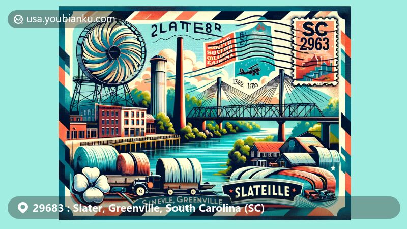 Modern illustration of Slater, Greenville, South Carolina, with ZIP code 29683, reminiscent of vintage postal theme featuring Liberty Bridge, textile history, cotton and fiberglass motifs, postmark, SC state flag, and vibrant color palette.