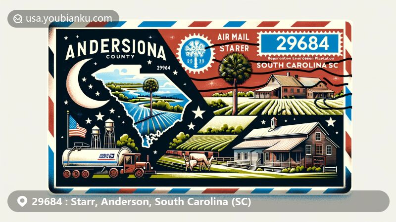 Modern illustration of Starr, Anderson County, South Carolina, highlighting postal theme with ZIP code 29684, featuring picture postcard and air mail envelope design, including Anderson County outline, South Carolina state flag, Milky Way Farm, Evergreen Plantation, stamp with postal mark.