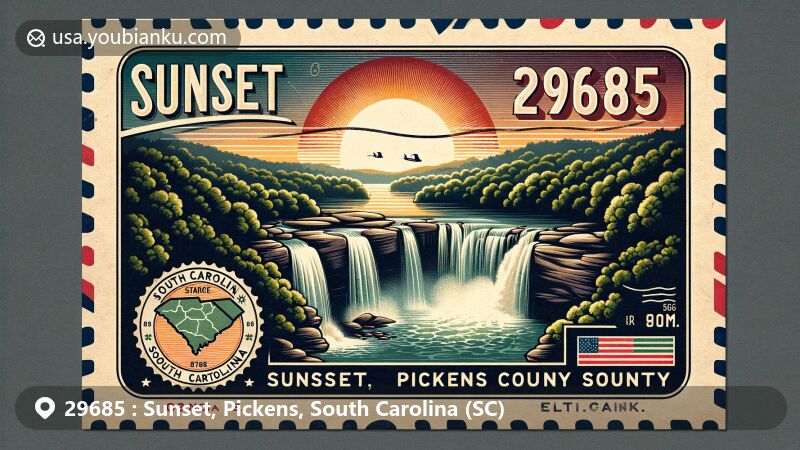 Modern illustration of Sunset, Pickens County, South Carolina, designed as a vintage air mail envelope, showcasing Twin Falls, a scenic natural landmark, and incorporating the South Carolina state flag and ZIP code 29685.