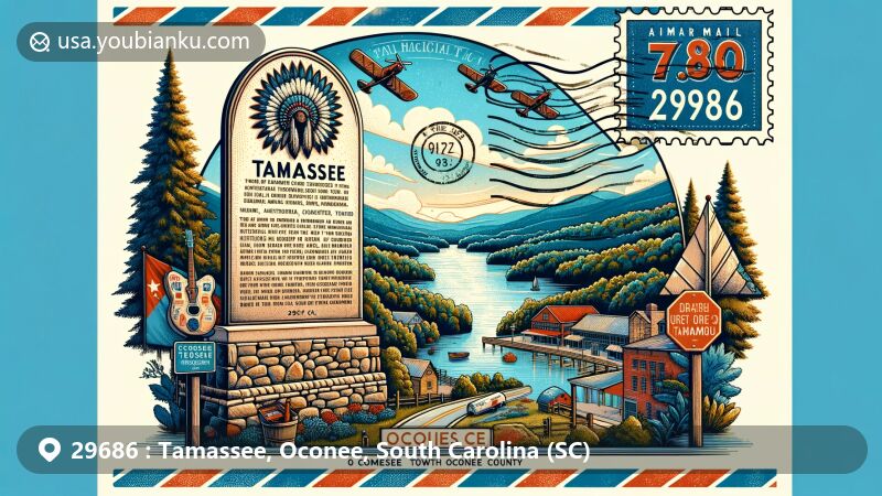 Modern illustration of Tamassee, Oconee County, South Carolina, featuring vintage airmail envelope with Tamassee Town historical marker symbolizing Cherokee heritage and Revolutionary War history, surrounded by Blue Ridge Mountains, forests, and lakes.